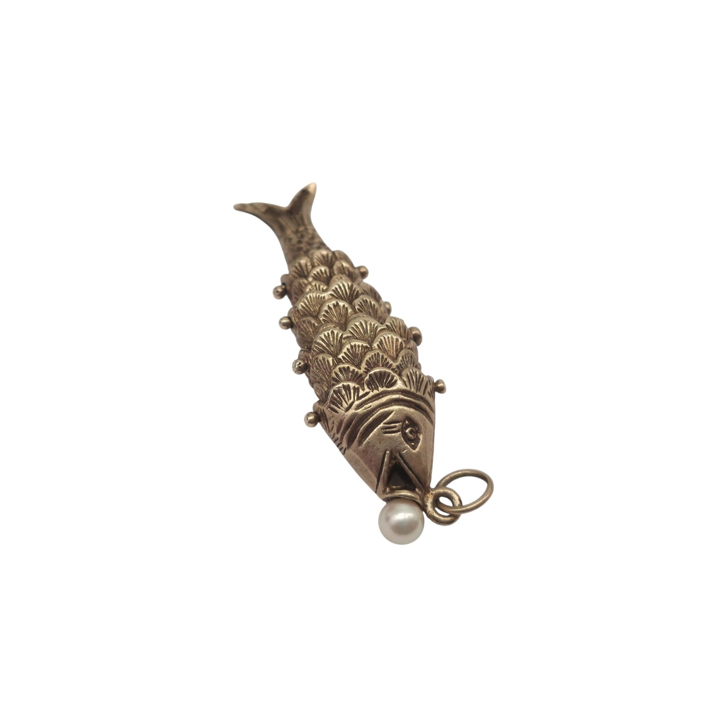 9ct 375 Yellow Gold Articulated Fish Charm With Pearl 1977 L 4.0 cm 6.2 g.
