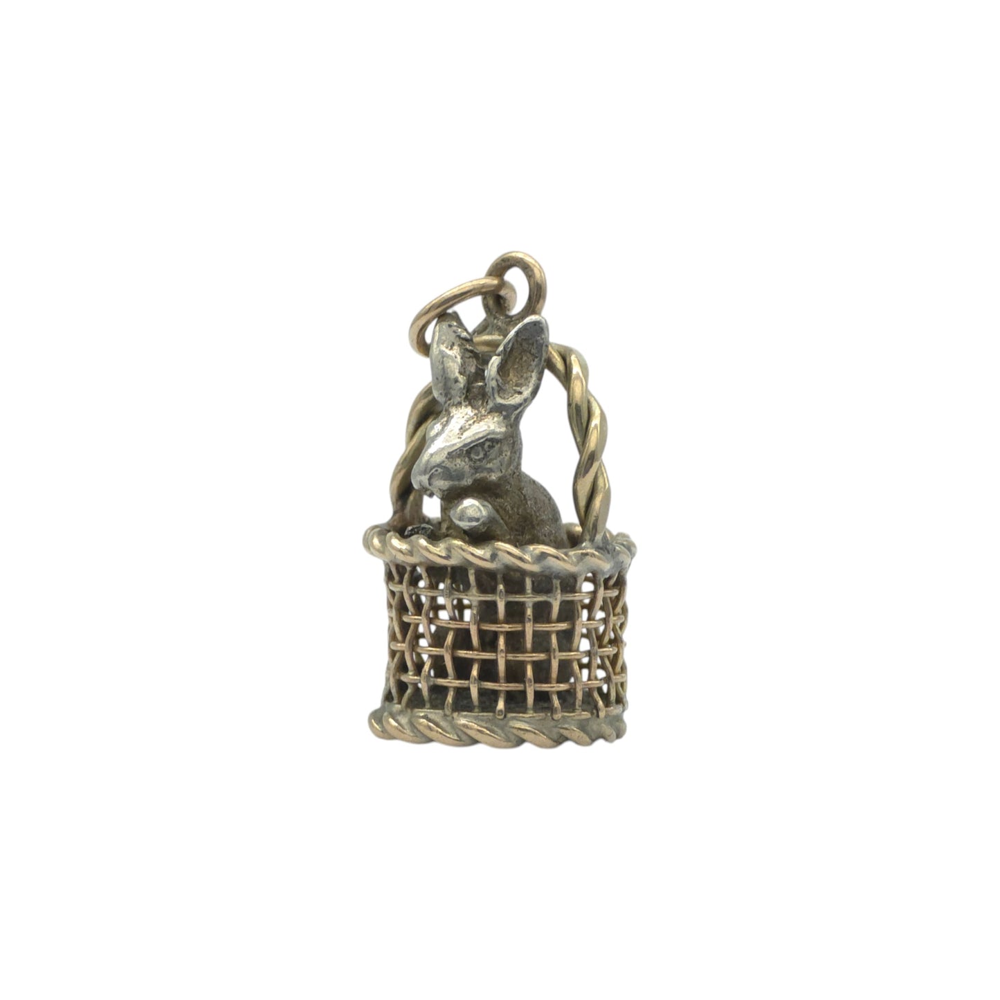 Novelty Antique 9ct Gold & Silver Rabbit In Basket Charm c.1900 L 1.6 cm 3.2 g.