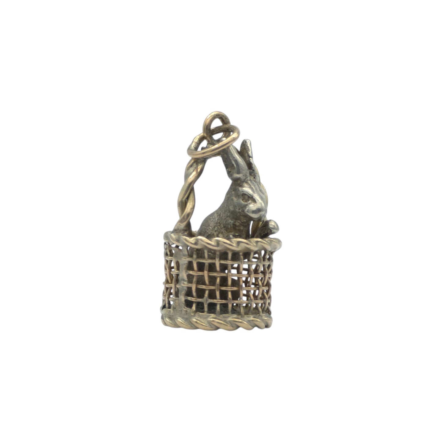 Novelty Antique 9ct Gold & Silver Rabbit In Basket Charm c.1900 L 1.6 cm 3.2 g.