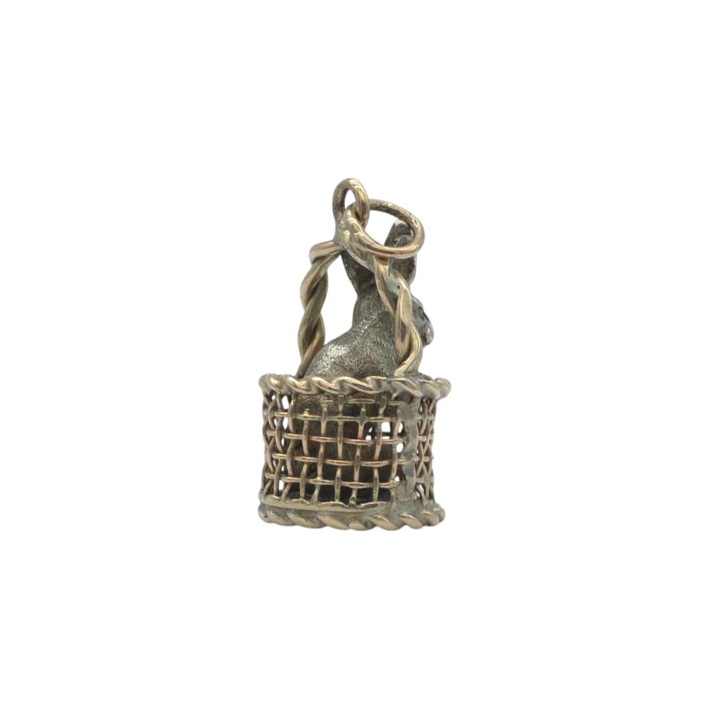 Novelty Antique 9ct Gold & Silver Rabbit In Basket Charm c.1900 L 1.6 cm 3.2 g.
