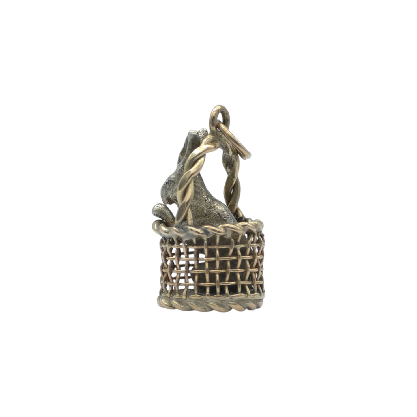 Novelty Antique 9ct Gold & Silver Rabbit In Basket Charm c.1900 L 1.6 cm 3.2 g.