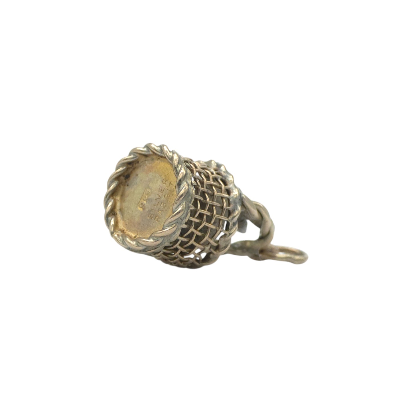 Novelty Antique 9ct Gold & Silver Rabbit In Basket Charm c.1900 L 1.6 cm 3.2 g.