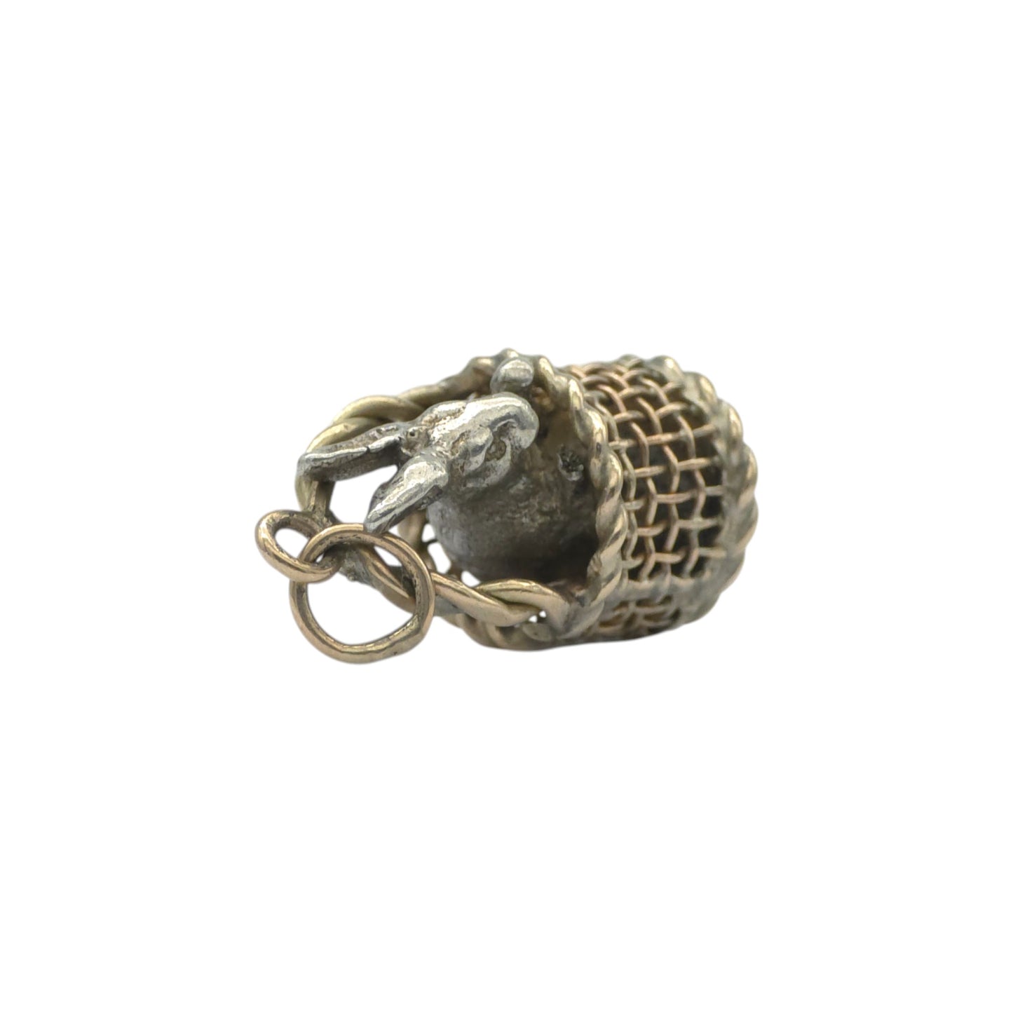Novelty Antique 9ct Gold & Silver Rabbit In Basket Charm c.1900 L 1.6 cm 3.2 g.