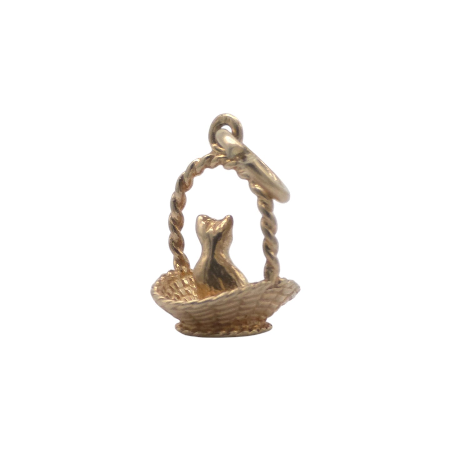 9ct 375 Yellow Gold Cat In Basket Charm 1989 L 1.1 cm 1.4 g.