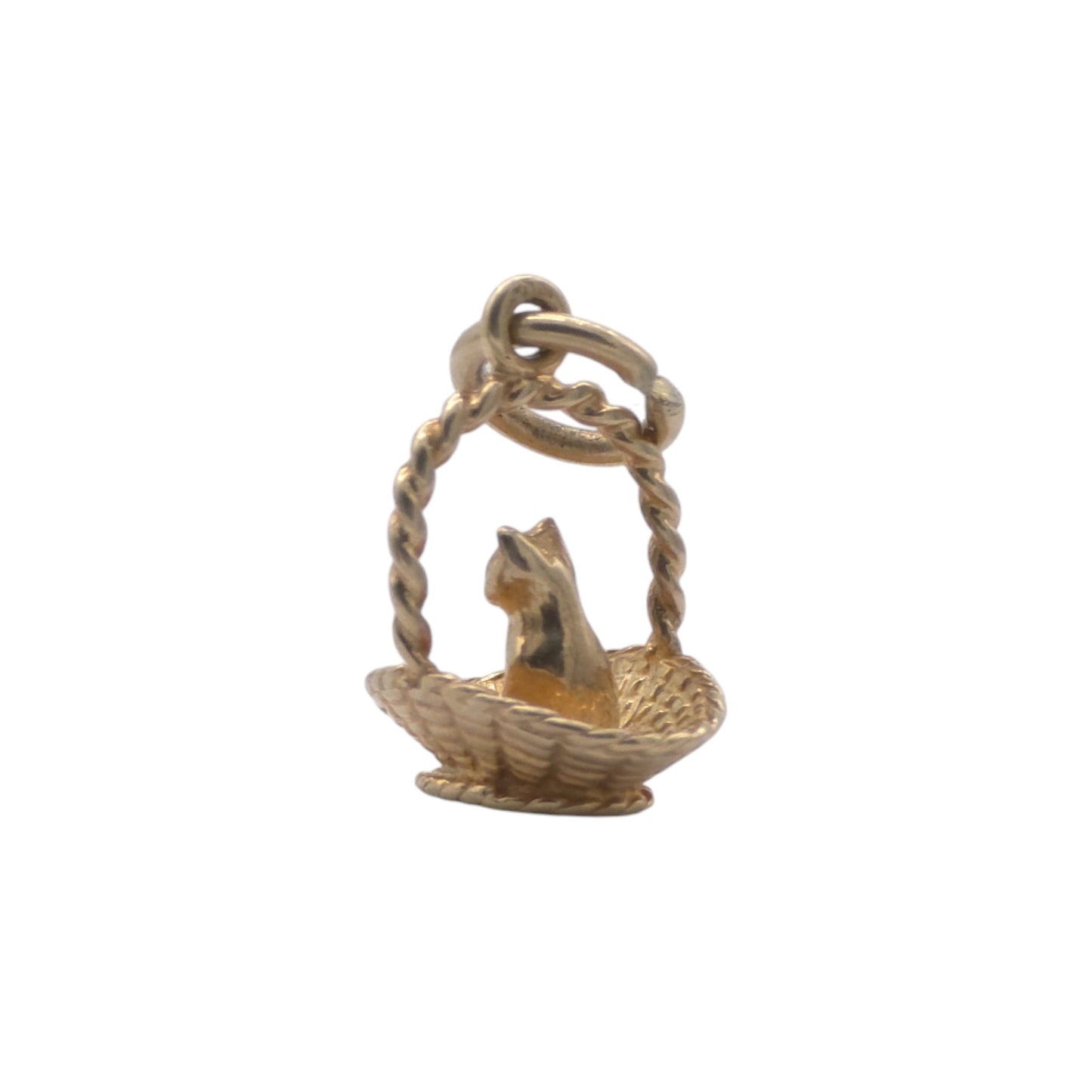 9ct 375 Yellow Gold Cat In Basket Charm 1989 L 1.1 cm 1.4 g.