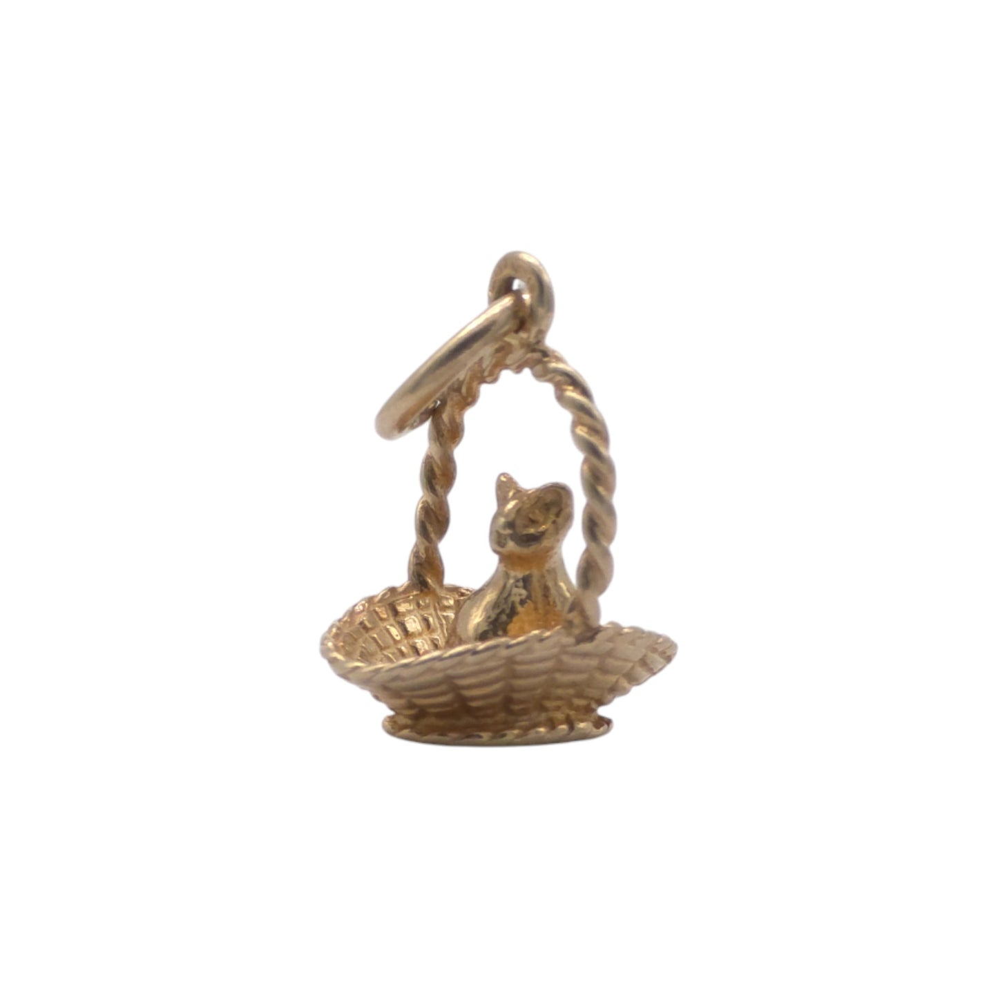 9ct 375 Yellow Gold Cat In Basket Charm 1989 L 1.1 cm 1.4 g.