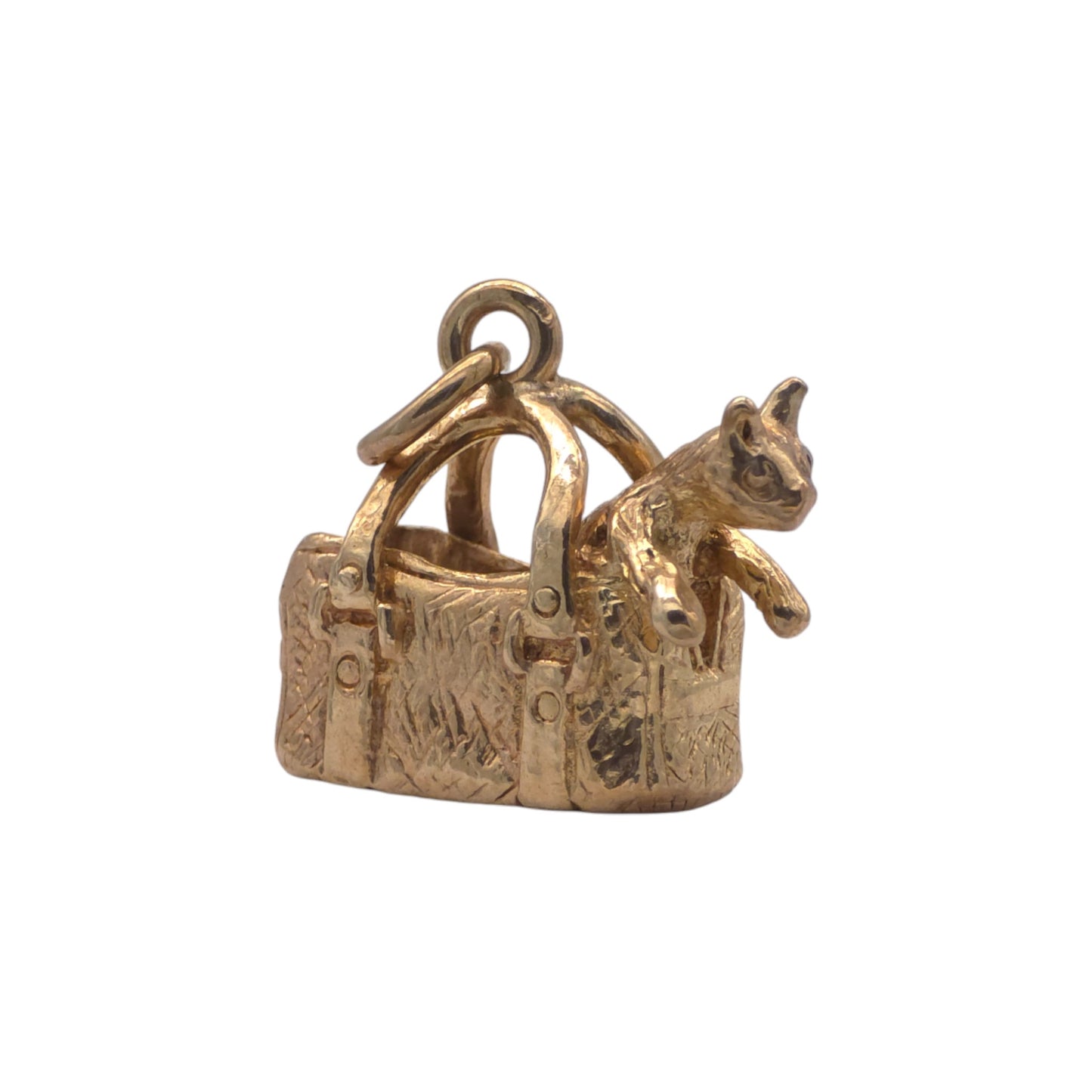 9ct 375 Yellow Gold Cat In Handbag Charm 1979 L 1.7 cm 4.8 g.