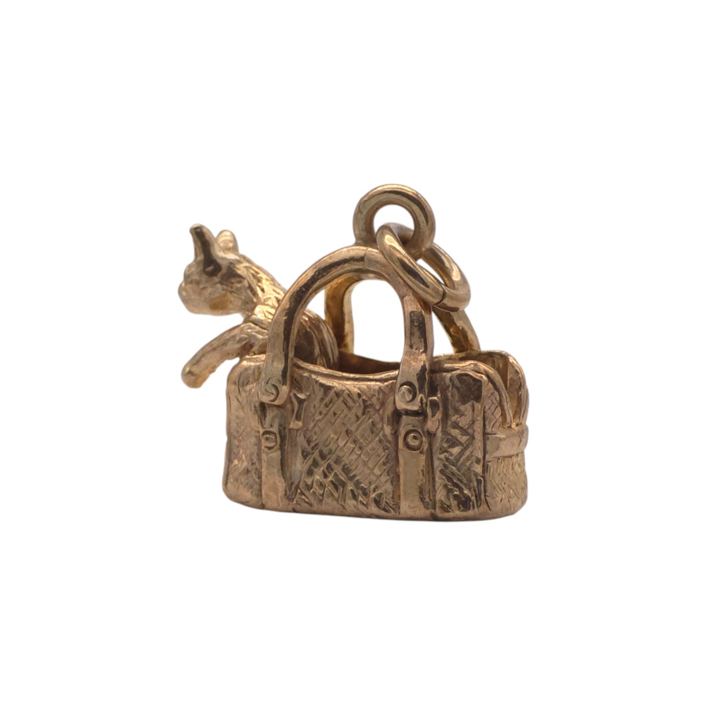 9ct 375 Yellow Gold Cat In Handbag Charm 1979 L 1.7 cm 4.8 g.