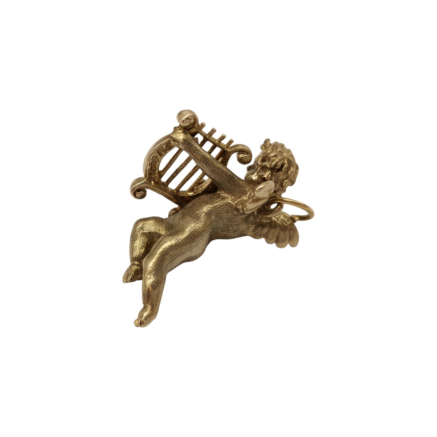 Heavy 9ct 375 Yellow Gold Cherub With Lyre Charm 1972 L 2.6 cm 7.4 g.