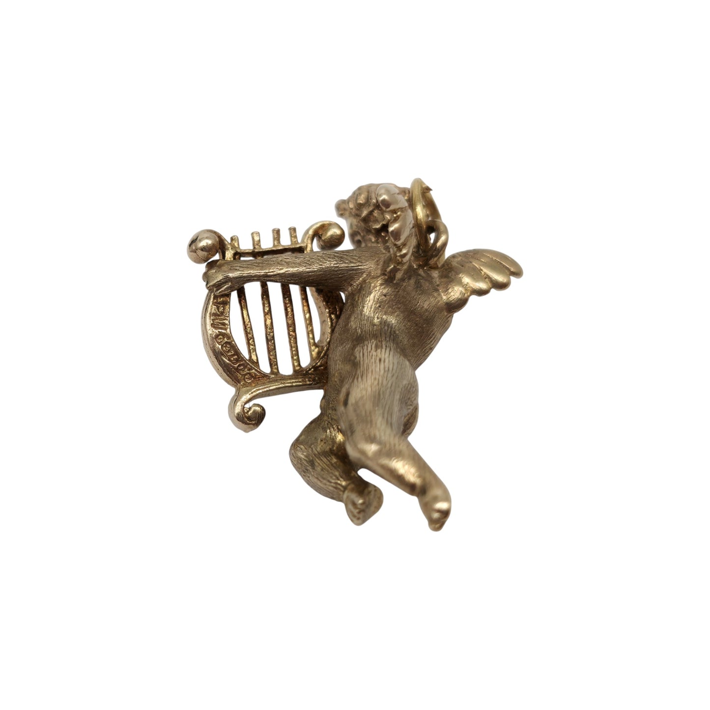 Heavy 9ct 375 Yellow Gold Cherub With Lyre Charm 1972 L 2.6 cm 7.4 g.