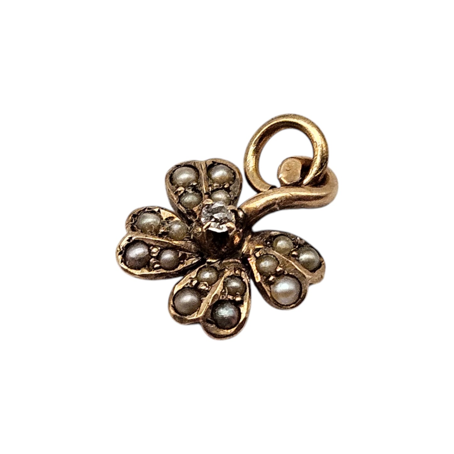 Unusual 9ct Yellow Gold Four Leaf Clover Charm With Diamond & Pearls