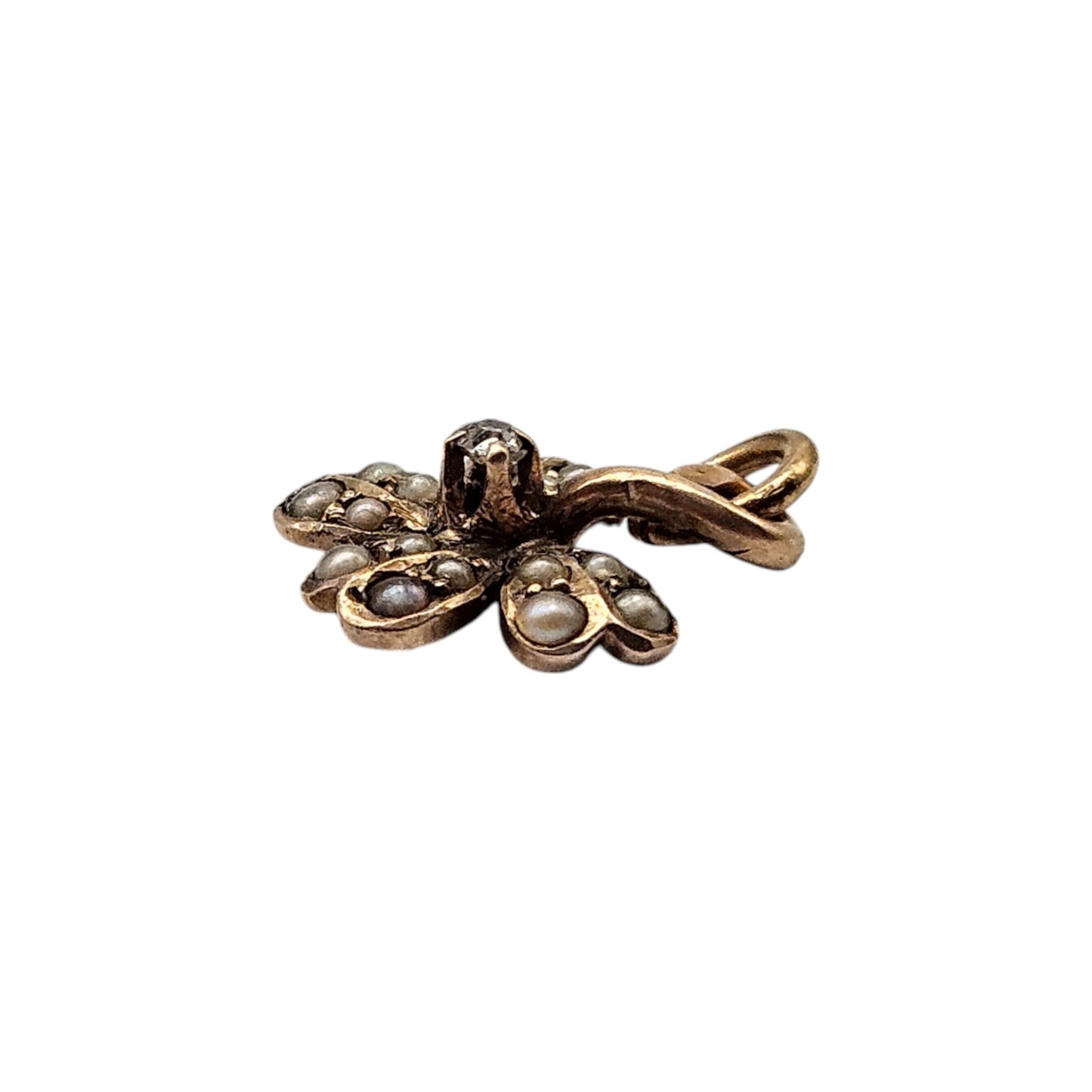 Unusual 9ct Yellow Gold Four Leaf Clover Charm With Diamond & Pearls