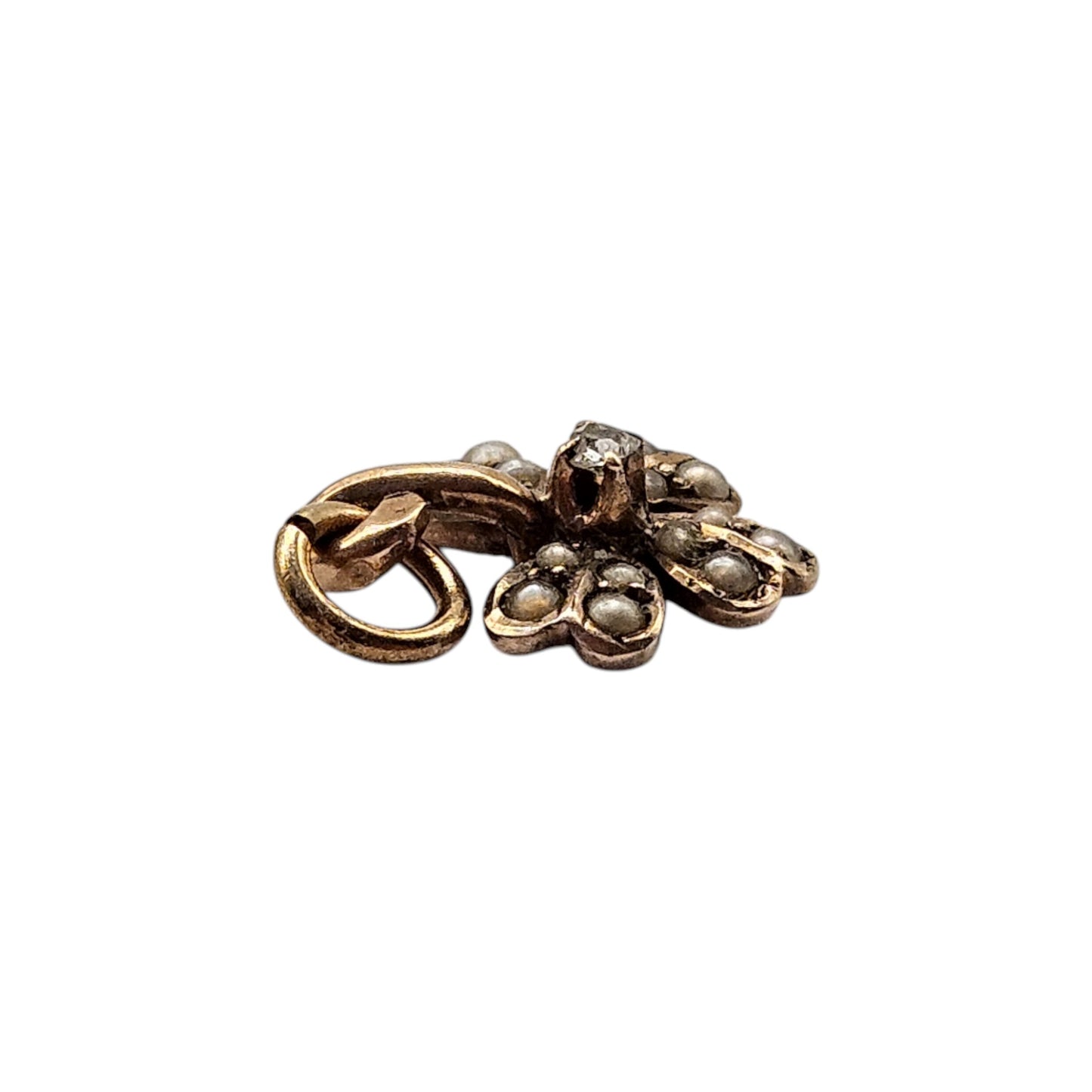 Unusual 9ct Yellow Gold Four Leaf Clover Charm With Diamond & Pearls