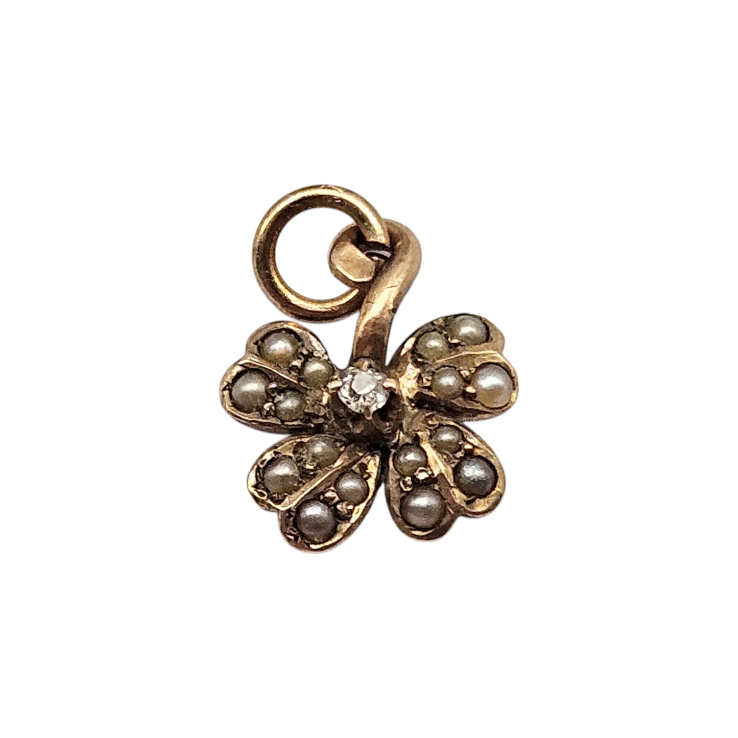 Unusual 9ct Yellow Gold Four Leaf Clover Charm With Diamond & Pearls