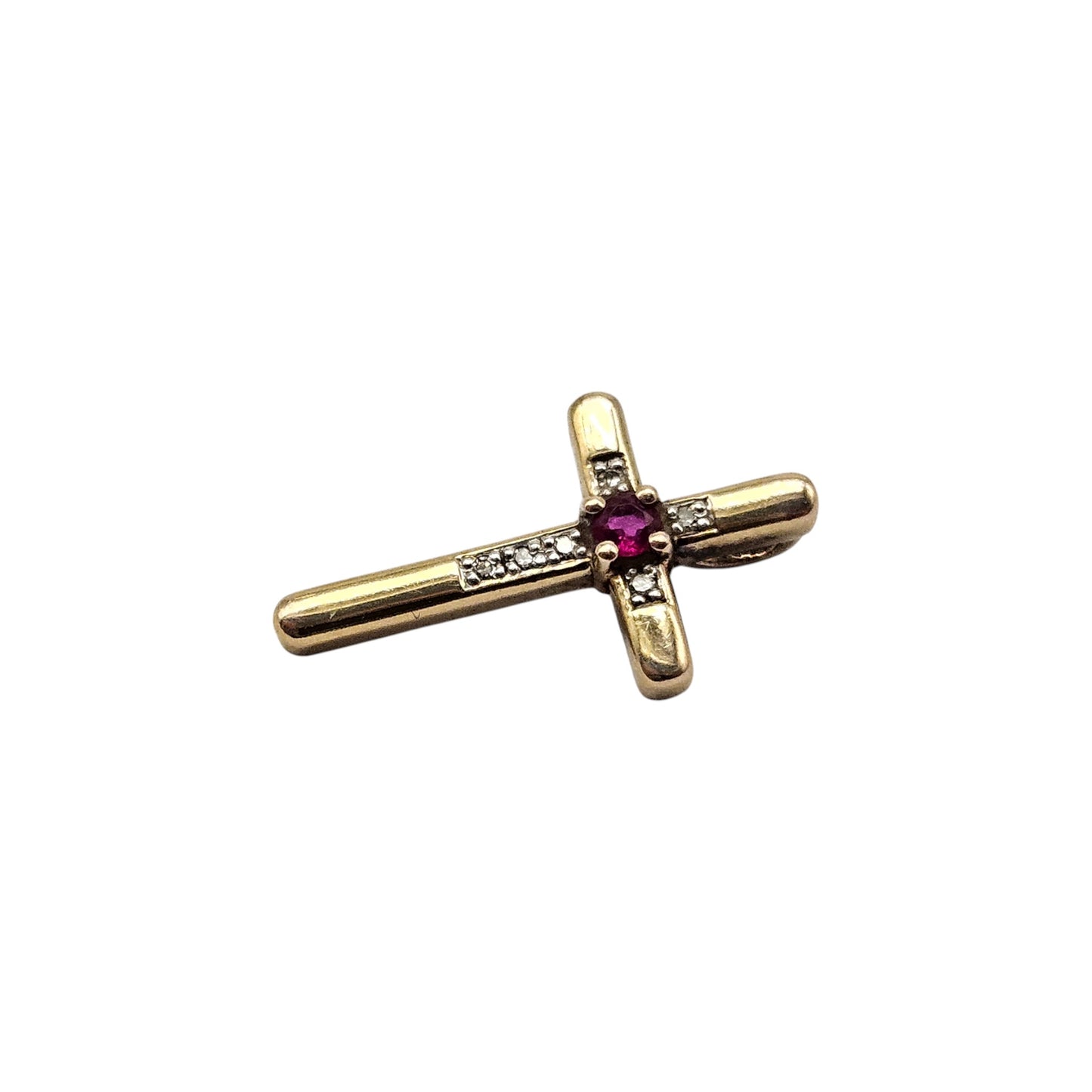 9ct 375 Yellow Gold Cross Pendant With Ruby & Diamonds L 2.0 cm 1.2 g.
