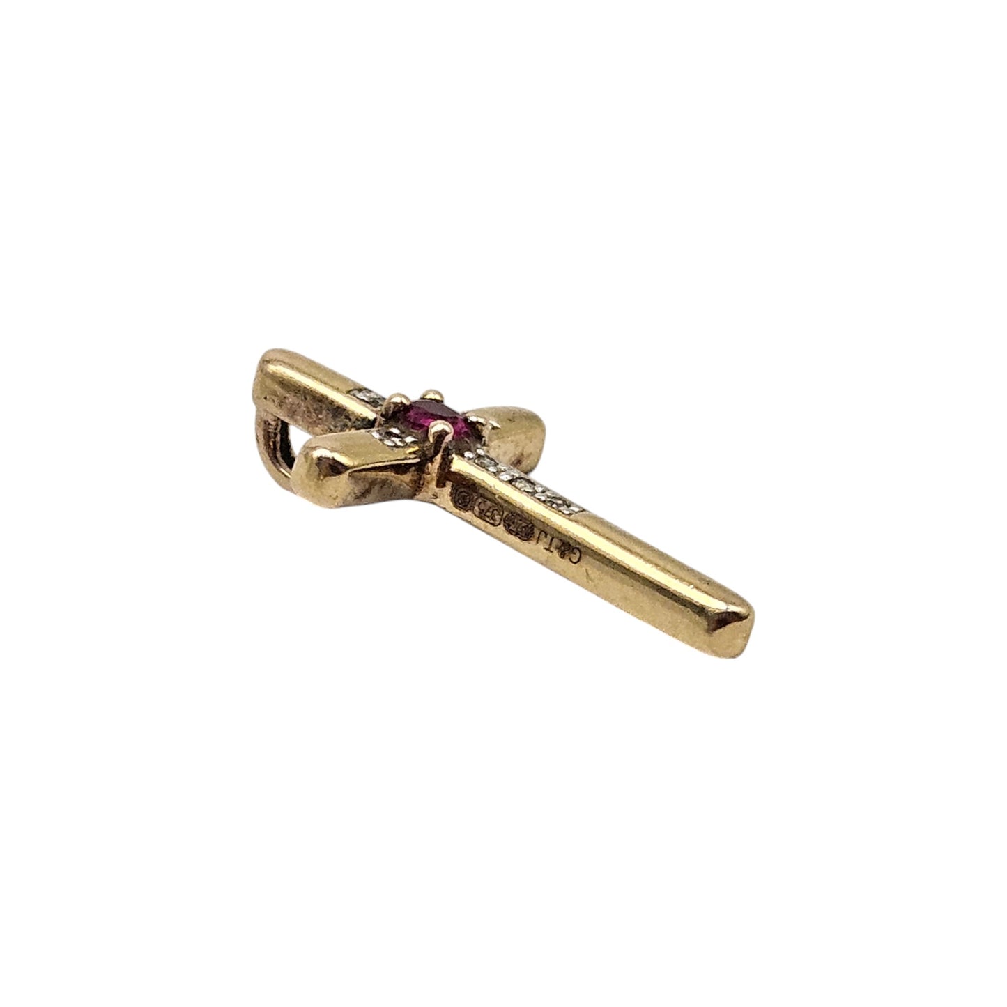 9ct 375 Yellow Gold Cross Pendant With Ruby & Diamonds L 2.0 cm 1.2 g.