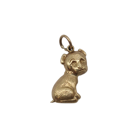 9ct 375 Yellow Gold Seated Dog Charm 1968 L 1.6 cm 0.8 g.
