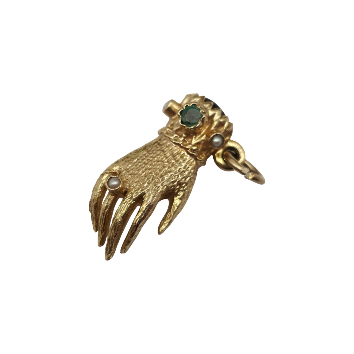 Rare 9ct 375 Yellow Gold Hand Charm With Emerald & Pearls 1976 L 2.2 cm 3.5 g.