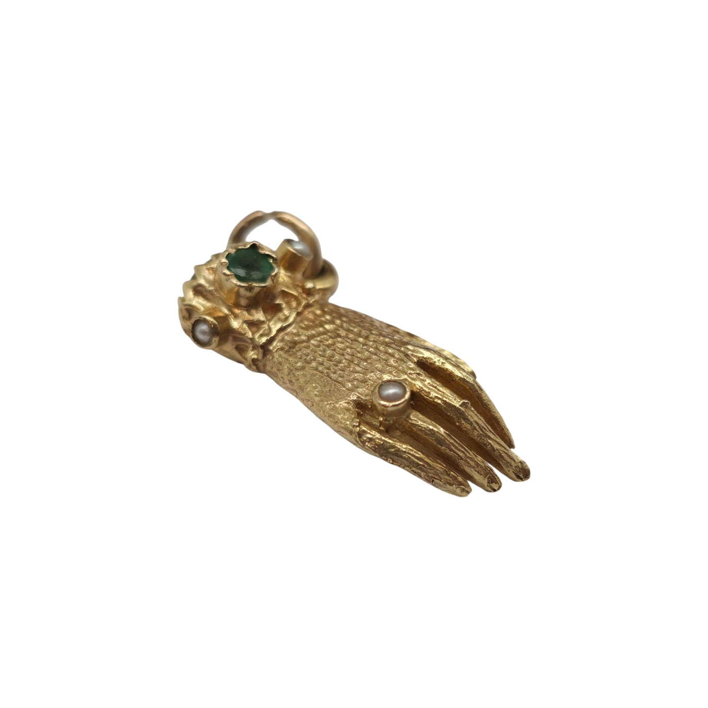 Rare 9ct 375 Yellow Gold Hand Charm With Emerald & Pearls 1976 L 2.2 cm 3.5 g.
