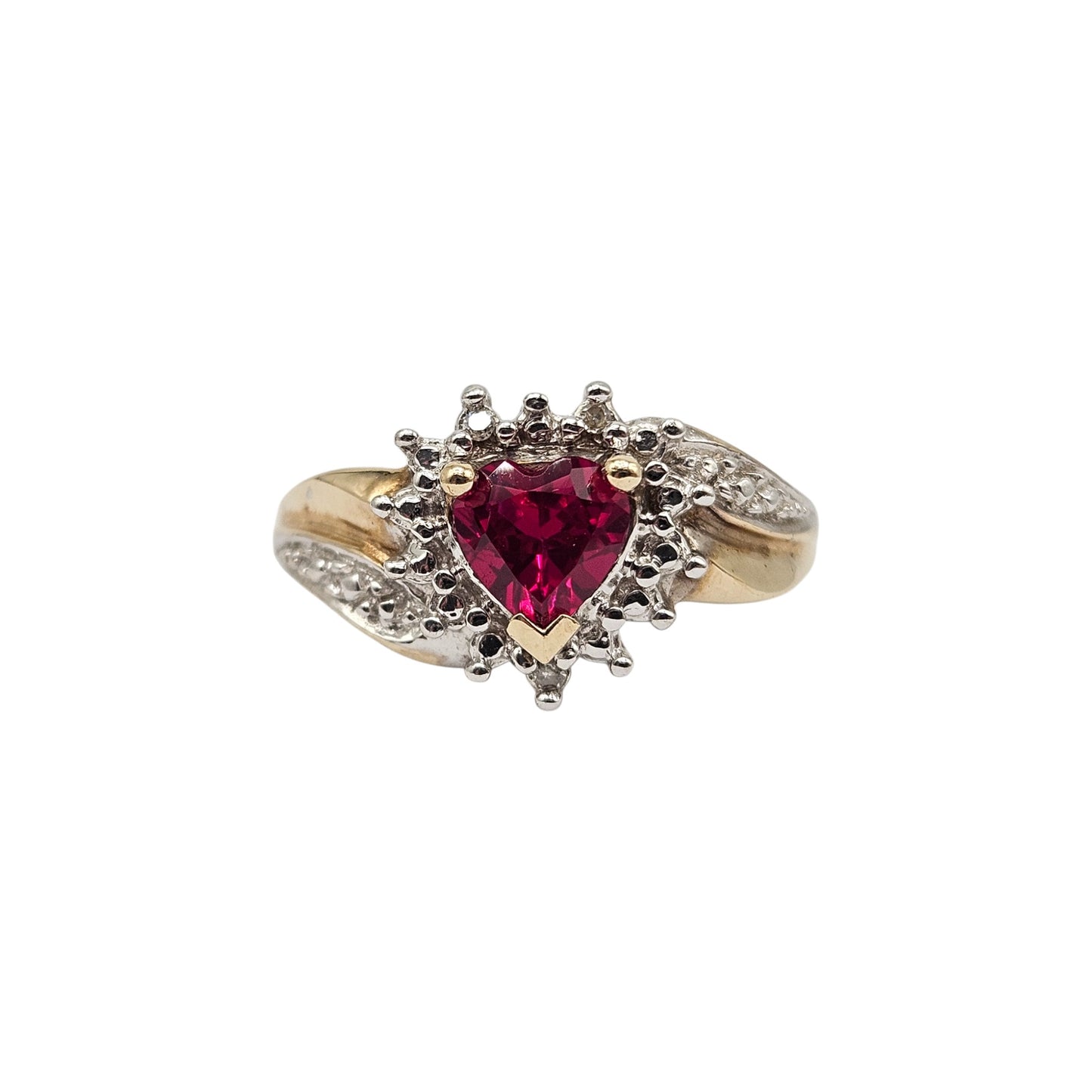 9ct gold Heart Ring with red Spinel and 3 diamond chips