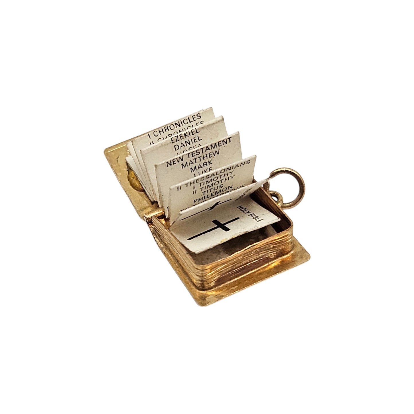 9ct 375 Yellow Gold Holy Bible Opening Charm 1978 L 1.4 cm 2.2 g.
