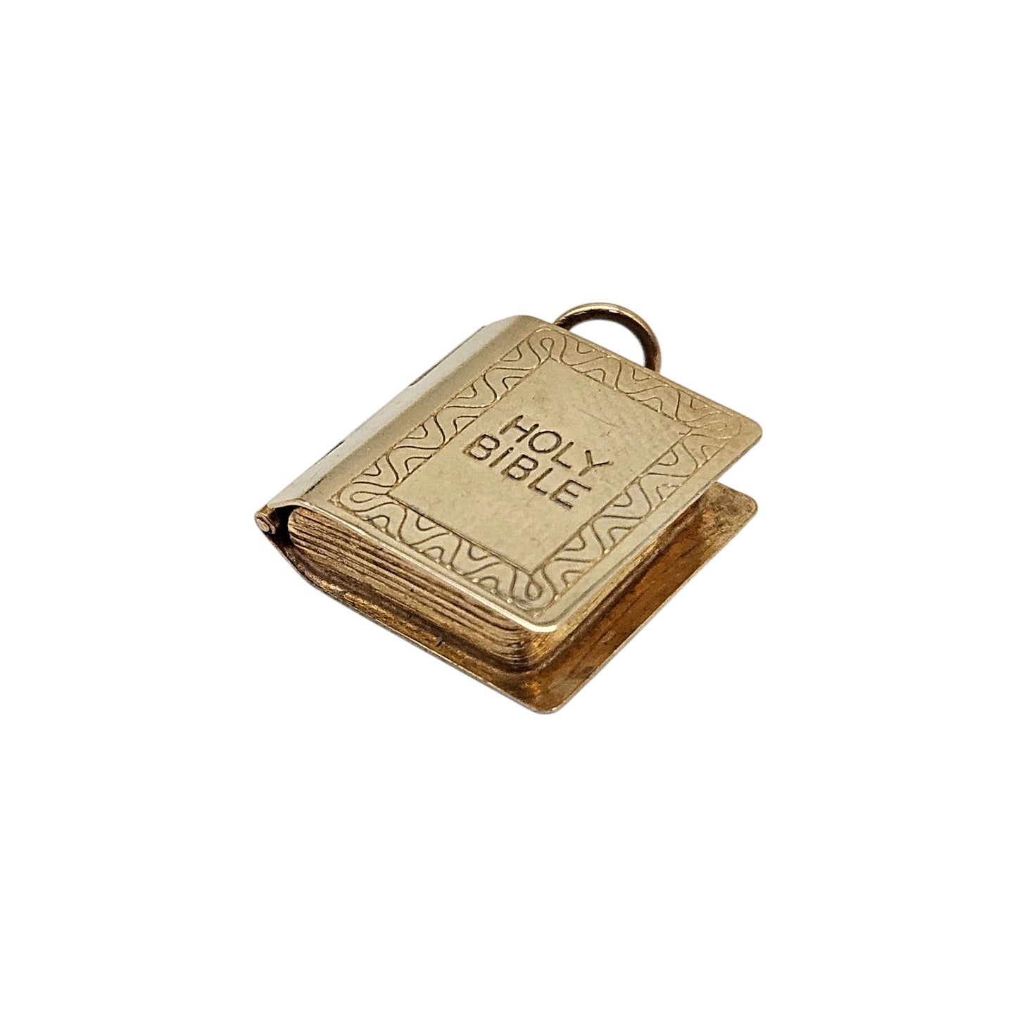 9ct 375 Yellow Gold Holy Bible Opening Charm 1978 L 1.4 cm 2.2 g.