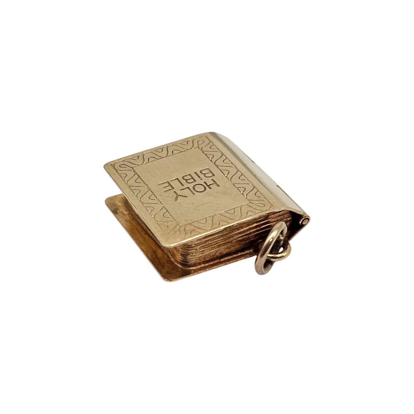 9ct 375 Yellow Gold Holy Bible Opening Charm 1978 L 1.4 cm 2.2 g.