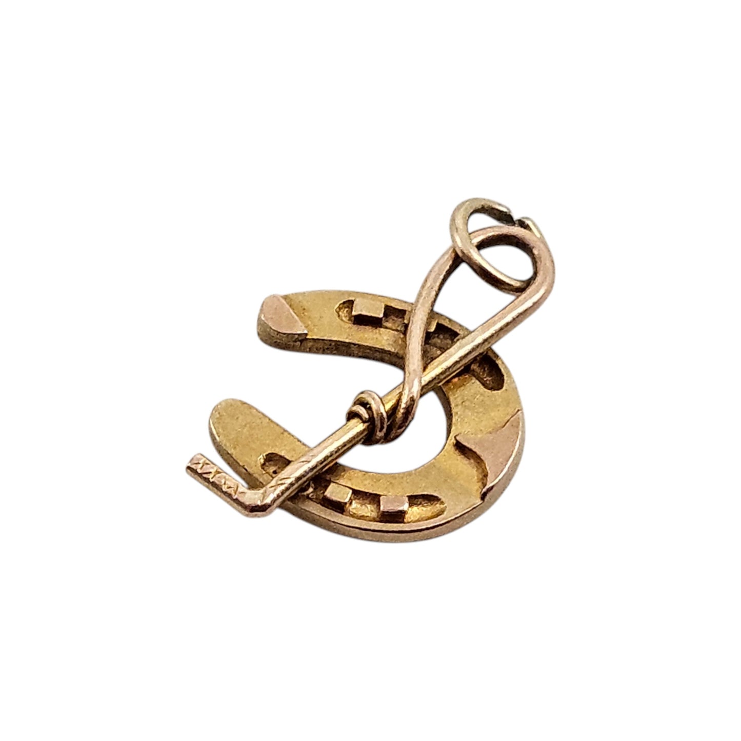 9ct Yellow Gold Horseshoe & Riding Crop Charm c.1960's L 1.5 cm 0.8 g.
