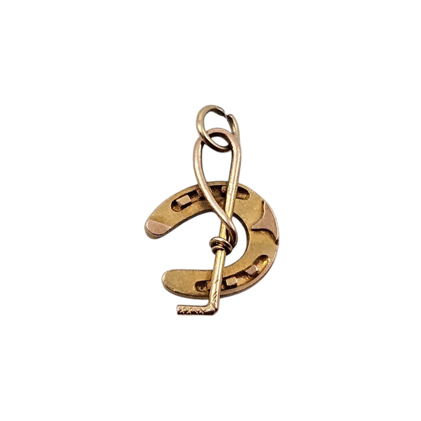 9ct Yellow Gold Horseshoe & Riding Crop Charm c.1960's L 1.5 cm 0.8 g.