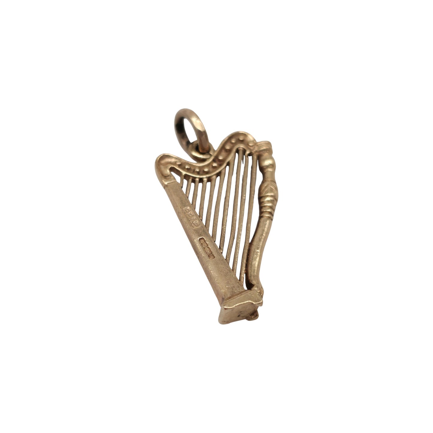 9ct 375 Yellow Gold irish Harp Charm 1978 L 2.0 cm 1.9 g.