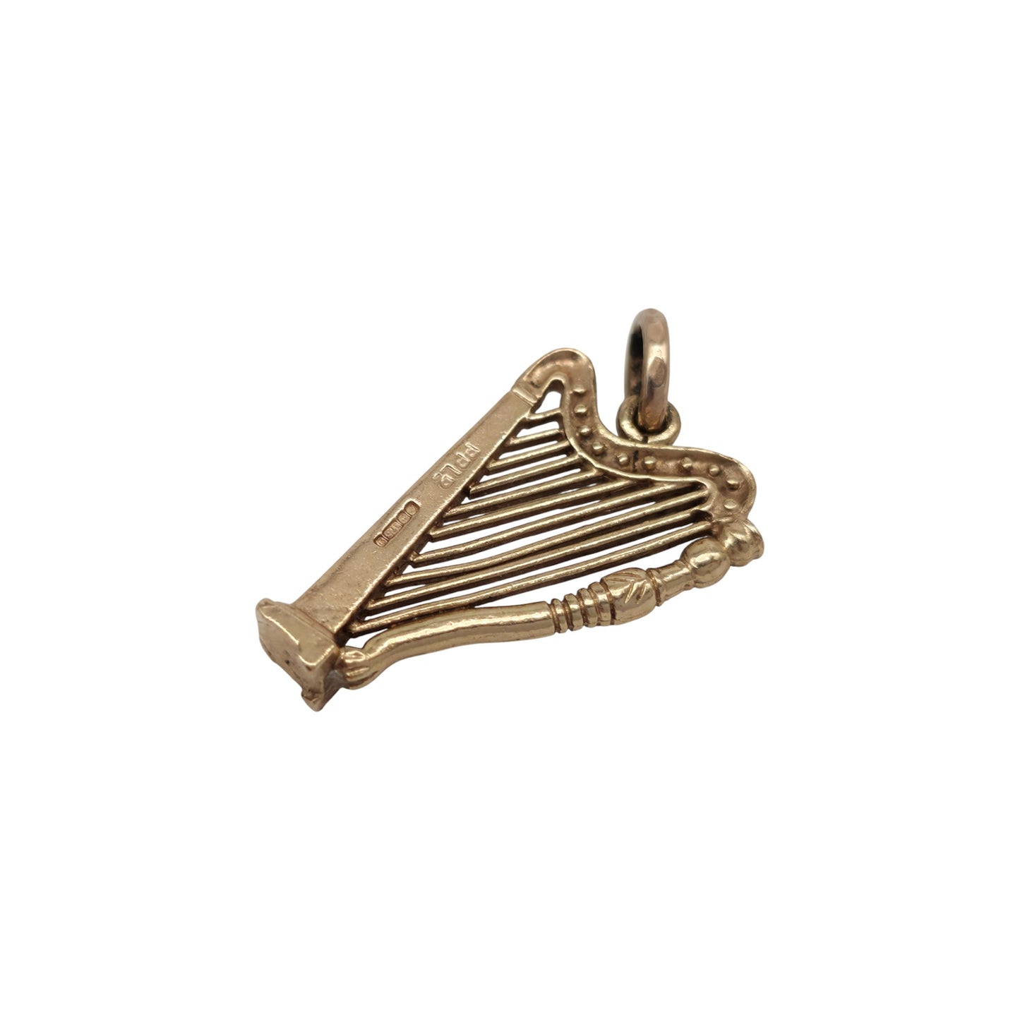 9ct 375 Yellow Gold irish Harp Charm 1978 L 2.0 cm 1.9 g.