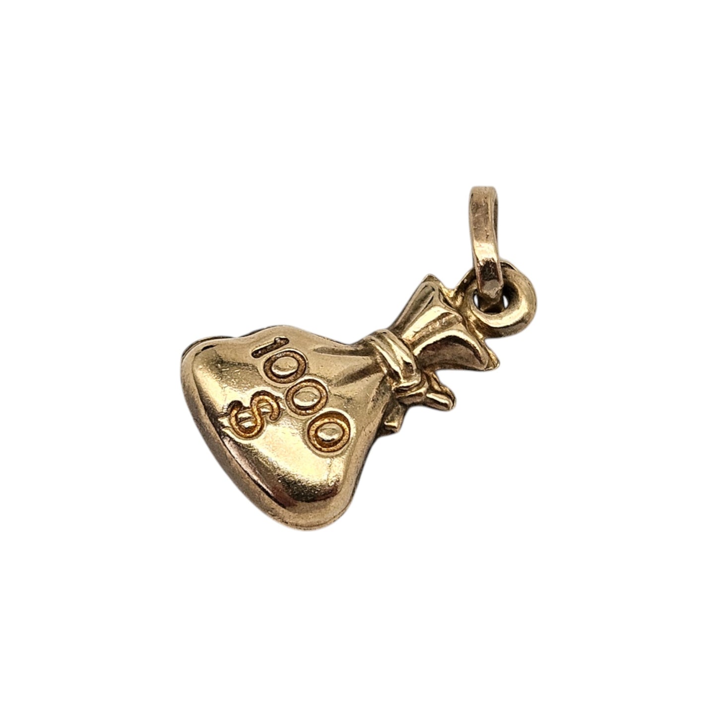 9ct Yellow Gold "$1000" Money Bag Charm L 1.2 cm 0.6 g.
