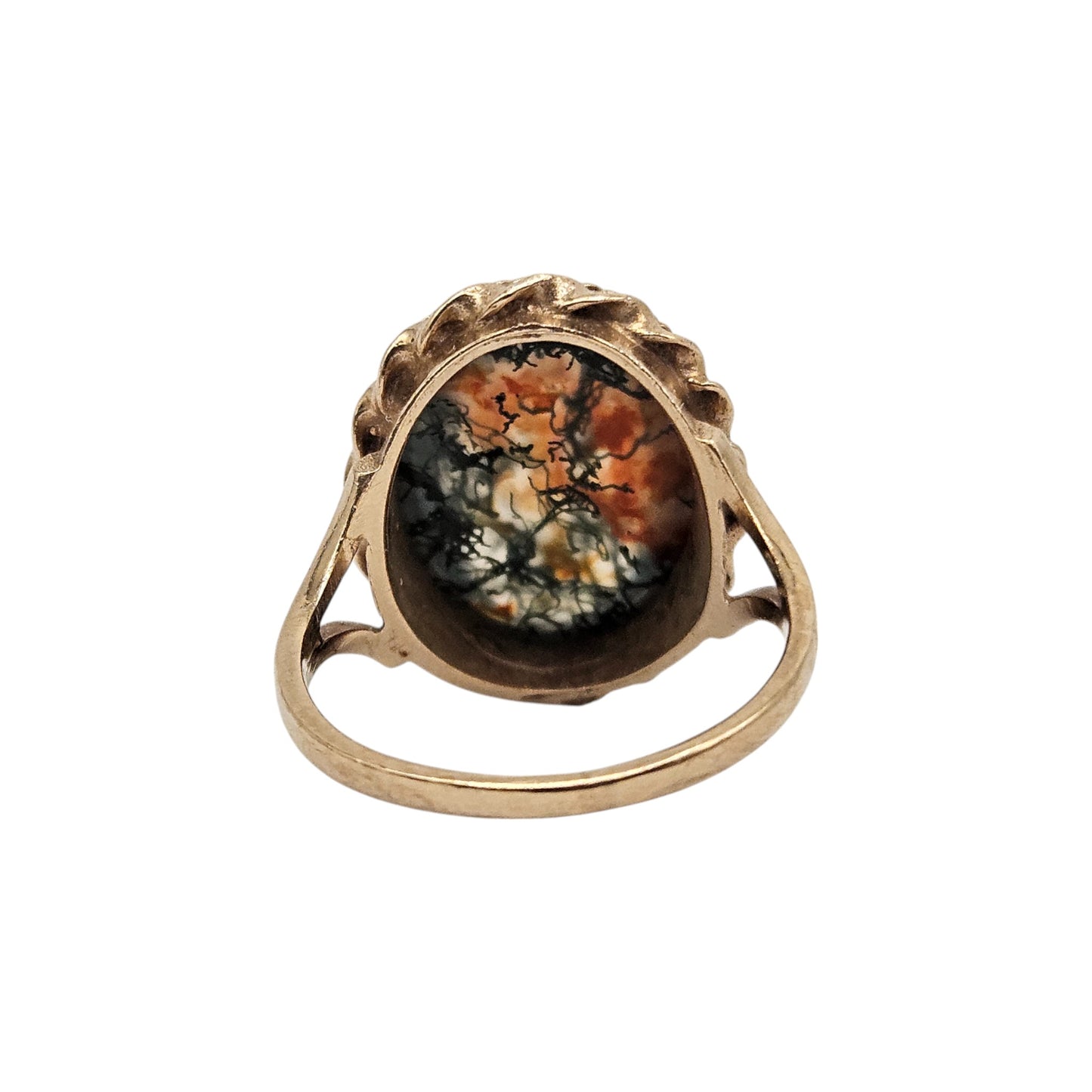 9ct 375 Yellow Gold Moss Agate Ring 1972 Size L 1/2, 5.2 g.