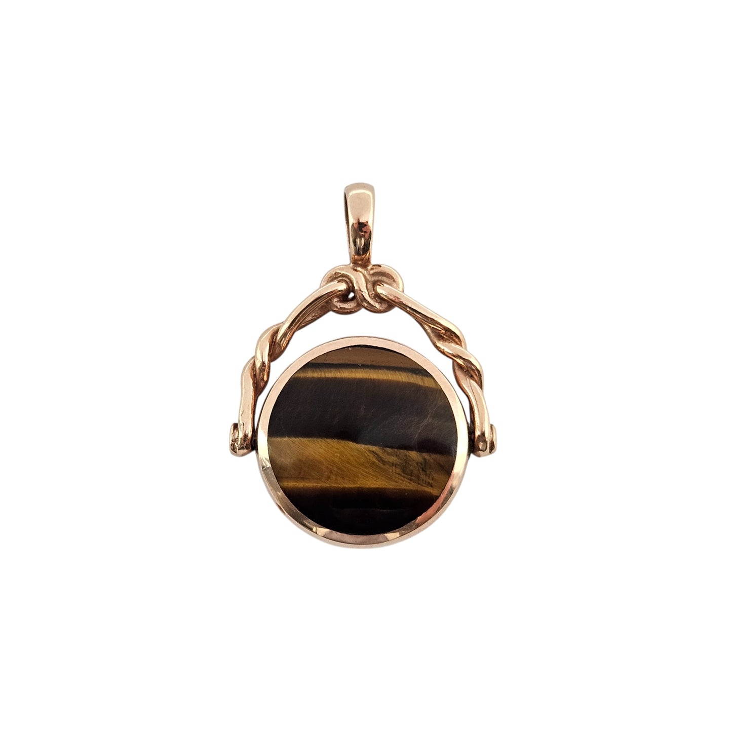 9ct 375 Rose Gold Swivel Fob With Moss Agate & Tiger's Eye 2005 L 3.4 cm 9.3 g.