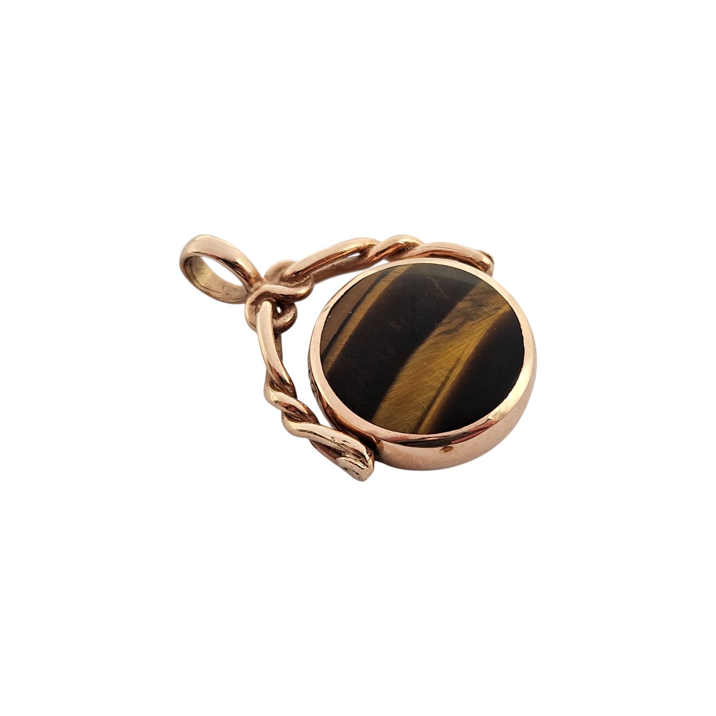 9ct 375 Rose Gold Swivel Fob With Moss Agate & Tiger's Eye 2005 L 3.4 cm 9.3 g.