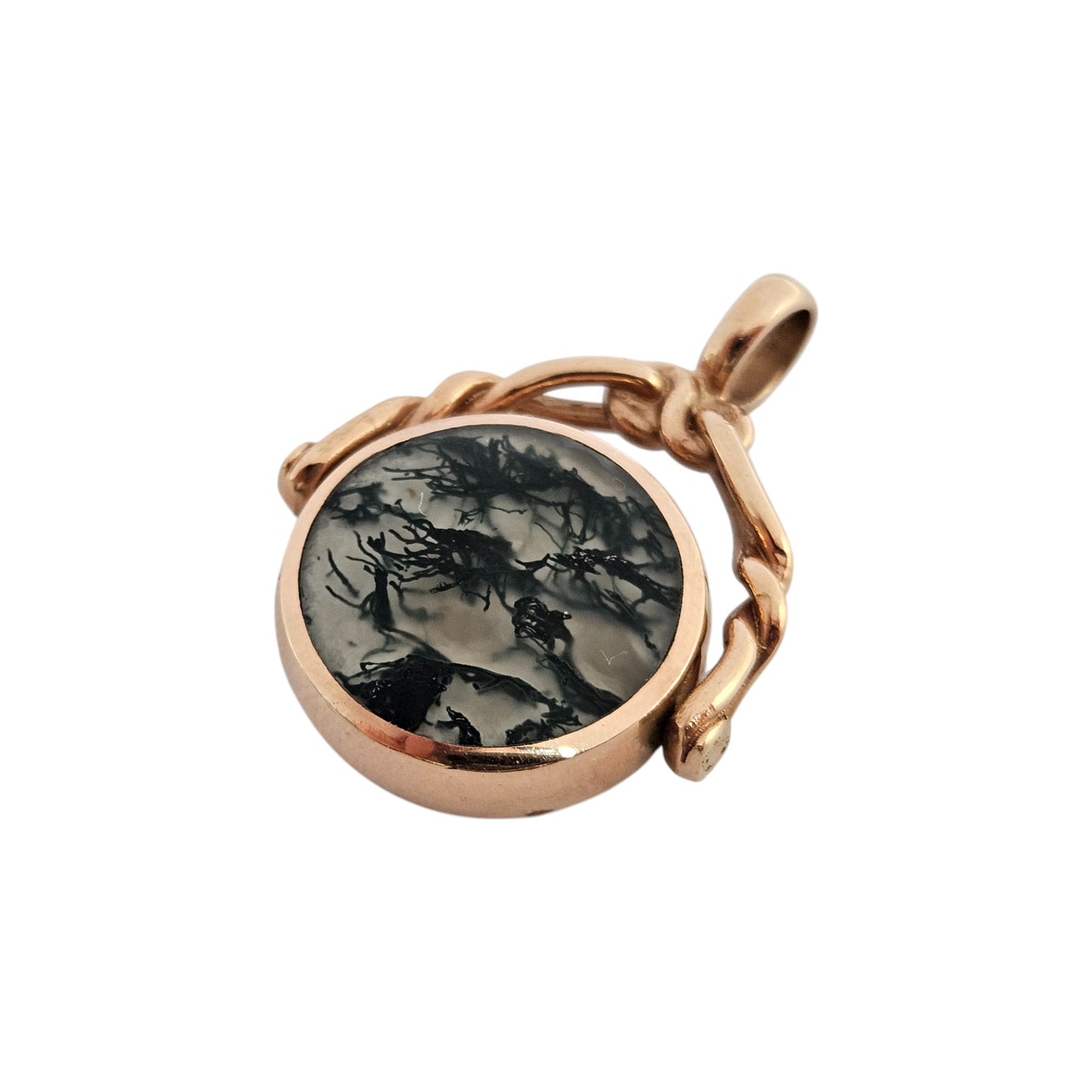 9ct 375 Rose Gold Swivel Fob With Moss Agate & Tiger's Eye 2005 L 3.4 cm 9.3 g.