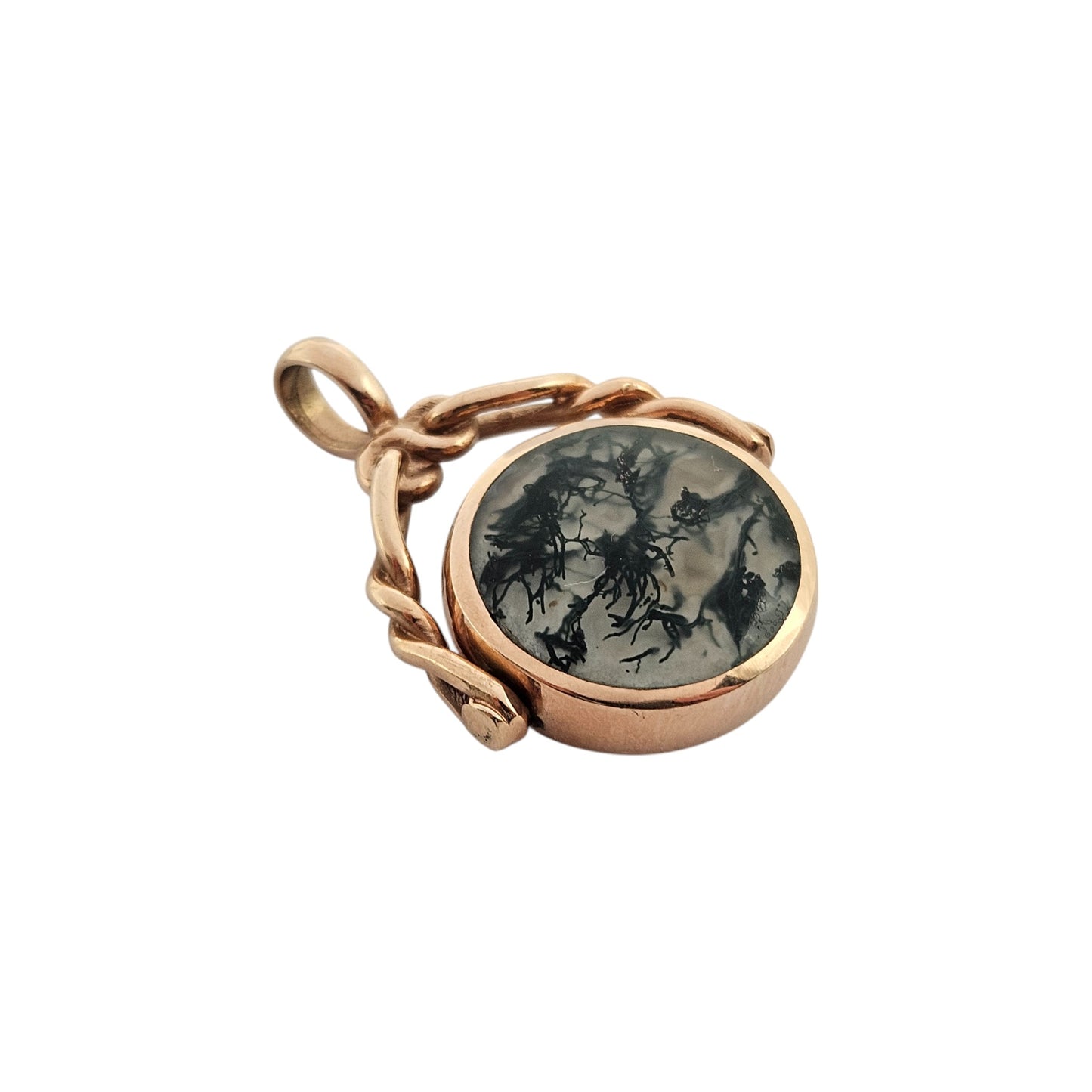 9ct 375 Rose Gold Swivel Fob With Moss Agate & Tiger's Eye 2005 L 3.4 cm 9.3 g.