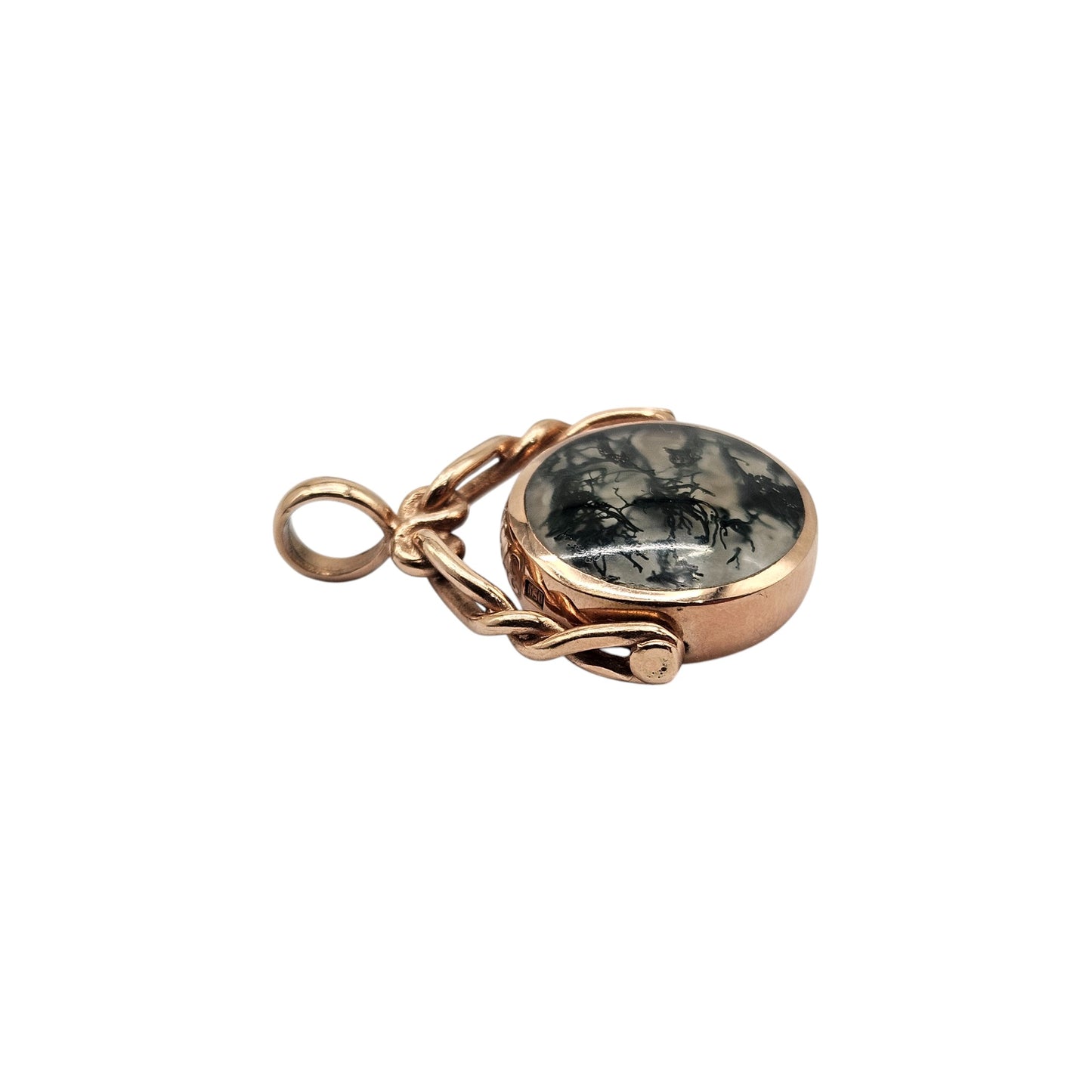 9ct 375 Rose Gold Swivel Fob With Moss Agate & Tiger's Eye 2005 L 3.4 cm 9.3 g.