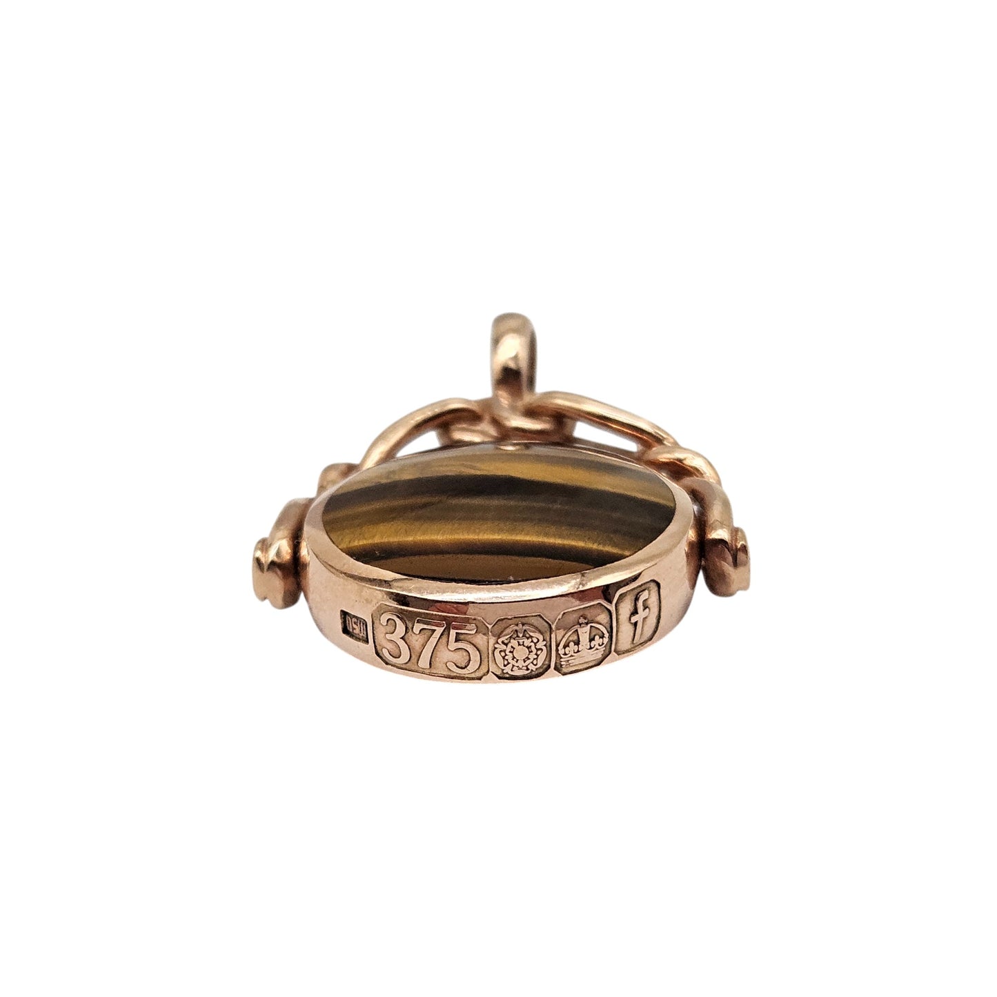 9ct 375 Rose Gold Swivel Fob With Moss Agate & Tiger's Eye 2005 L 3.4 cm 9.3 g.