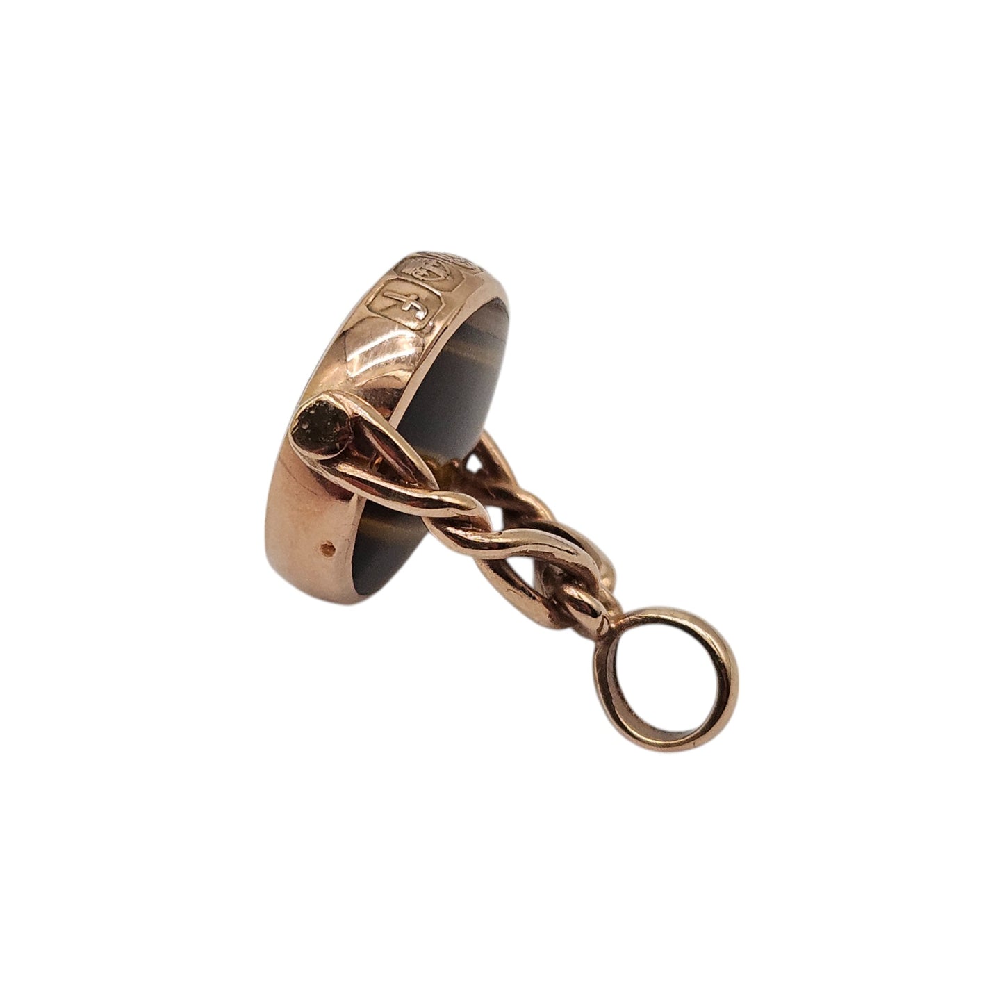 9ct 375 Rose Gold Swivel Fob With Moss Agate & Tiger's Eye 2005 L 3.4 cm 9.3 g.