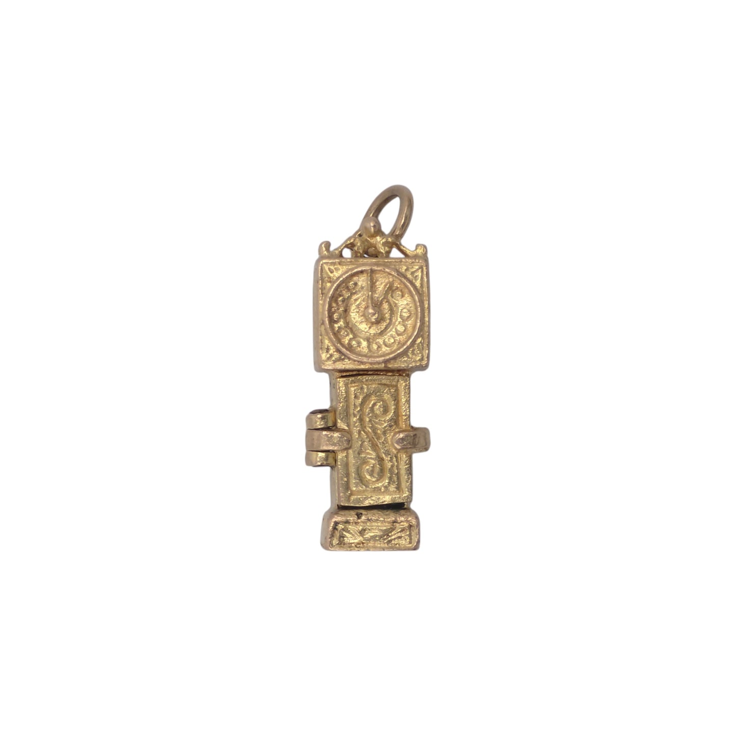 9ct 375 Yellow Gold Mouse Inside Grandfather Clock Opening Charm 1960 L 1.8 cm 2.4 g.