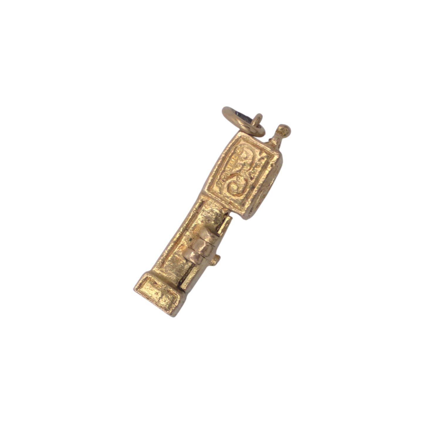 9ct 375 Yellow Gold Mouse Inside Grandfather Clock Opening Charm 1960 L 1.8 cm 2.4 g.