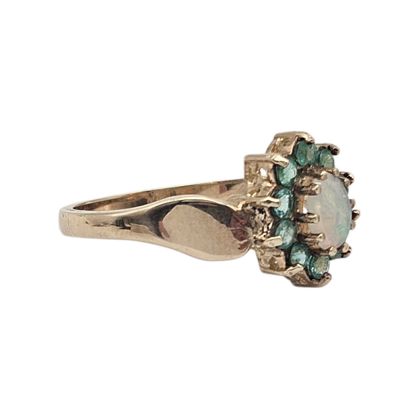 9ct 375 Yellow Gold Opal & Emeralds Ring Size P 1/2 2.9 g.