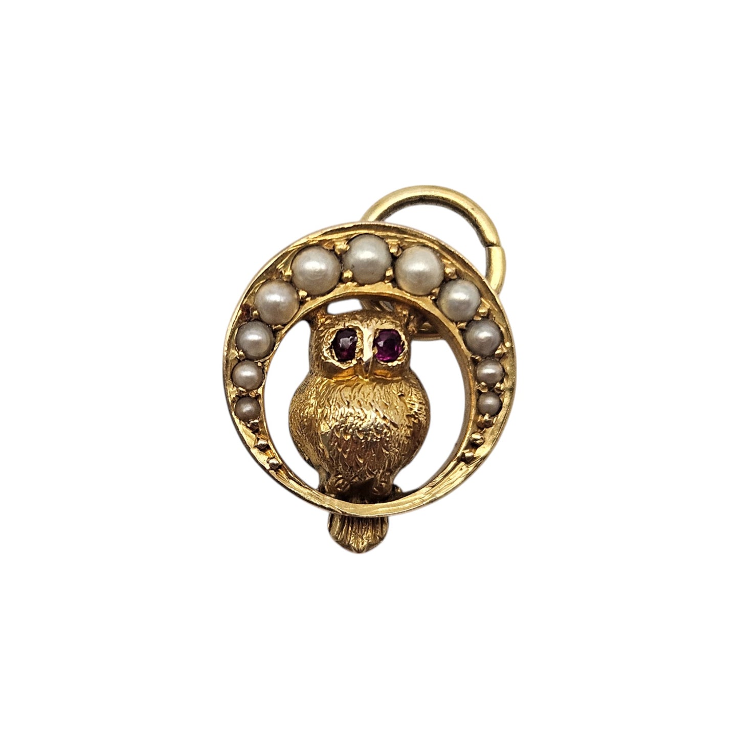Rare Antique 9ct Yellow Gold Crescent Owl Charm With Ruby & Pearls c.1900