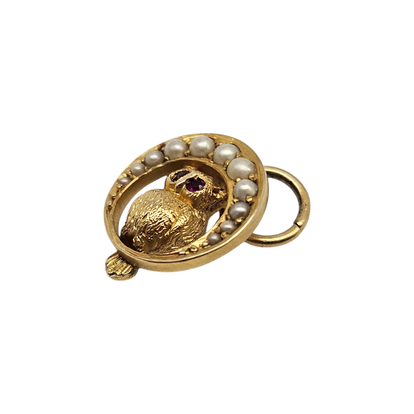 Rare Antique 9ct Yellow Gold Crescent Owl Charm With Ruby & Pearls c.1900