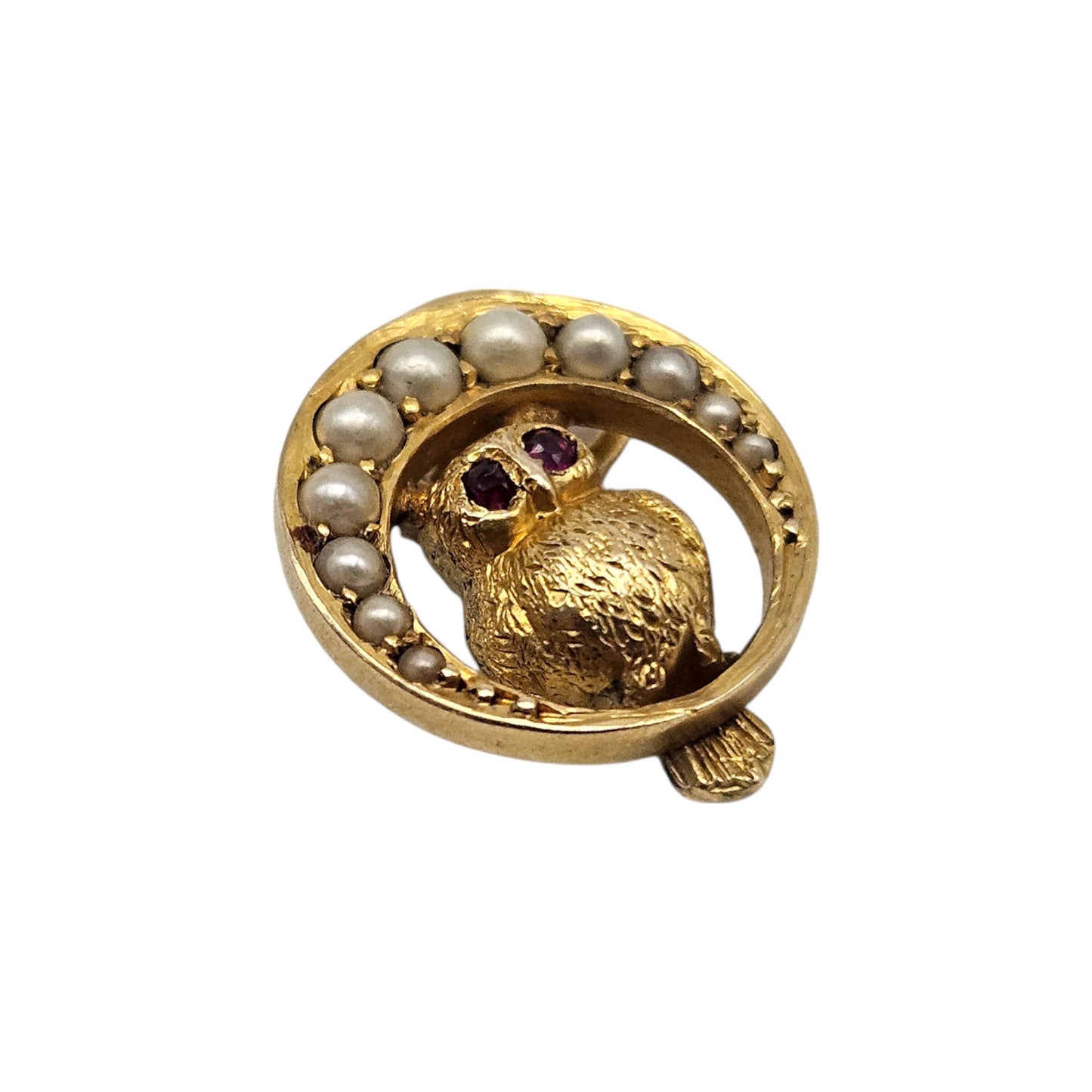 Rare Antique 9ct Yellow Gold Crescent Owl Charm With Ruby & Pearls c.1900