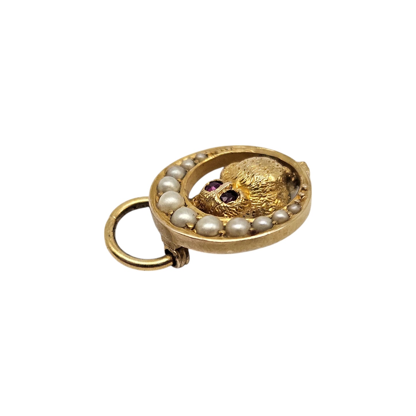 Rare Antique 9ct Yellow Gold Crescent Owl Charm With Ruby & Pearls c.1900