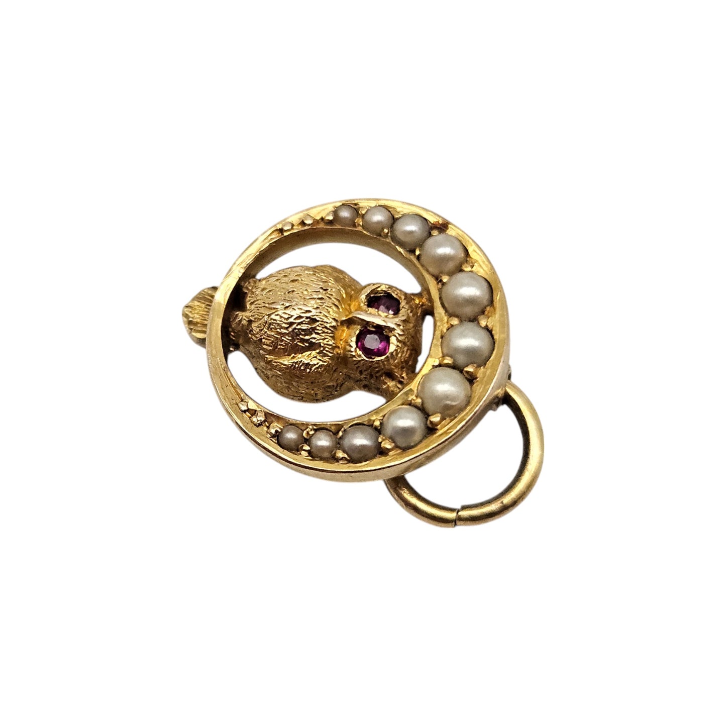 Rare Antique 9ct Yellow Gold Crescent Owl Charm With Ruby & Pearls c.1900