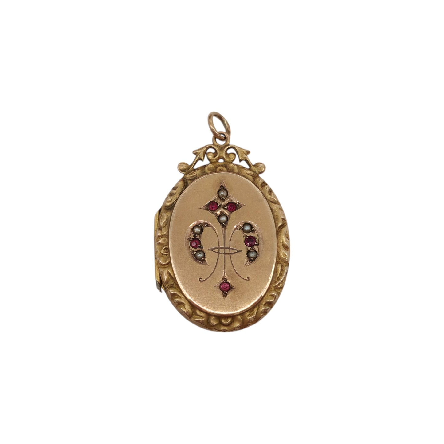 Chester 9ct 375 Yellow Gold Photo Locket Pendant With Ruby & Pearls L 3.0 cm 4.6 g.