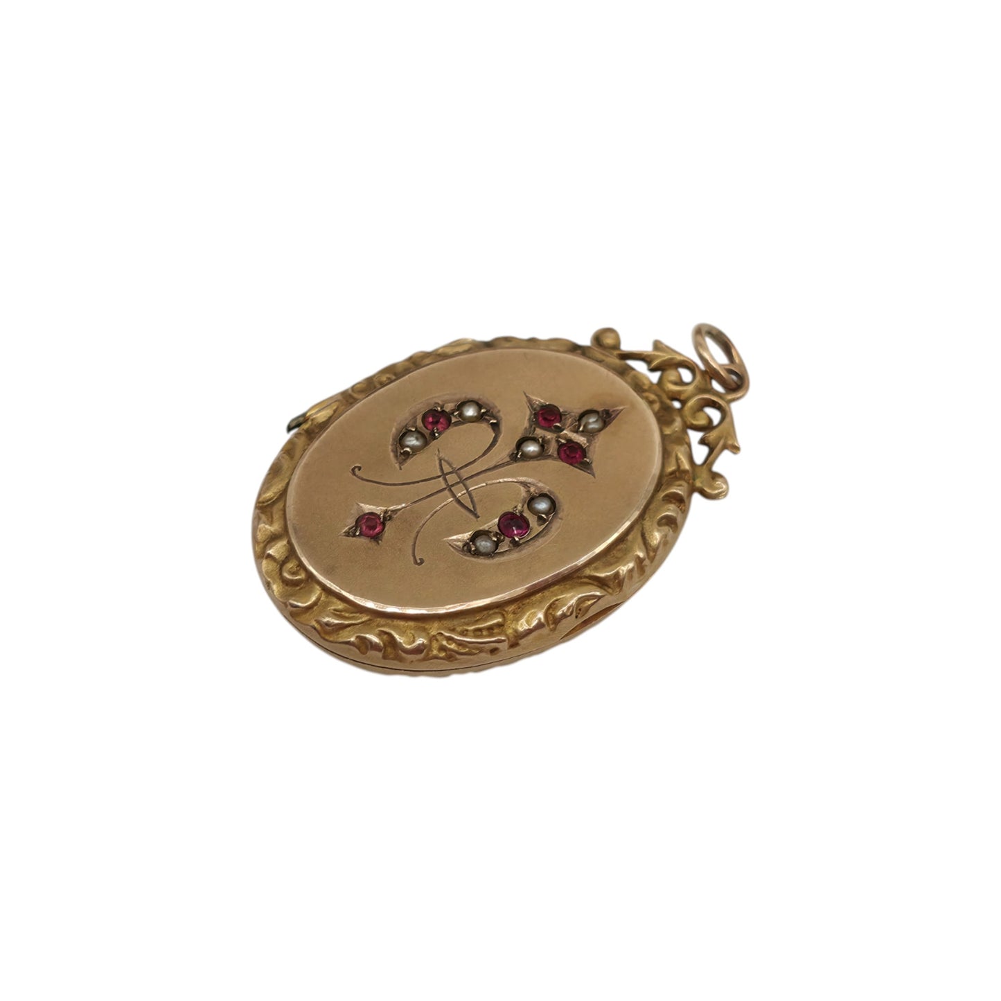 Chester 9ct 375 Yellow Gold Photo Locket Pendant With Ruby & Pearls L 3.0 cm 4.6 g.